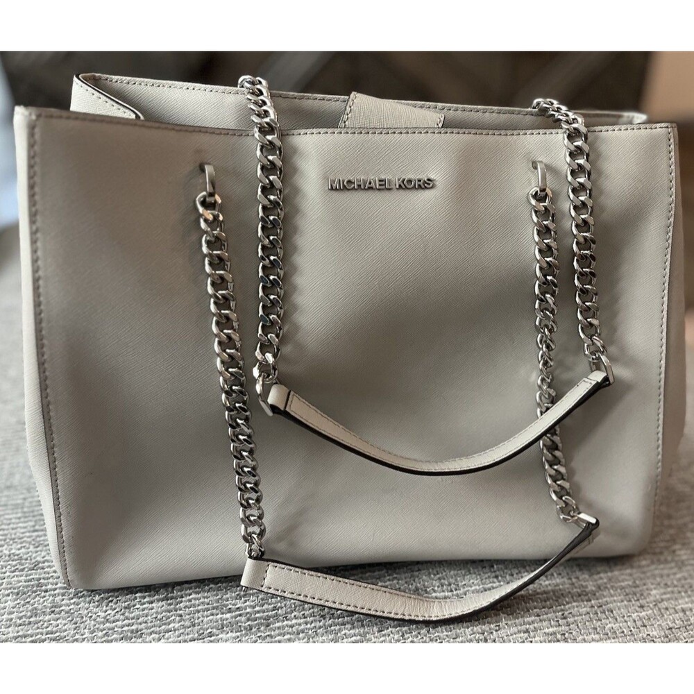 Michael Kors Gray Tote Bag Silver Hardware Chain Strap Double Handles Magnetic